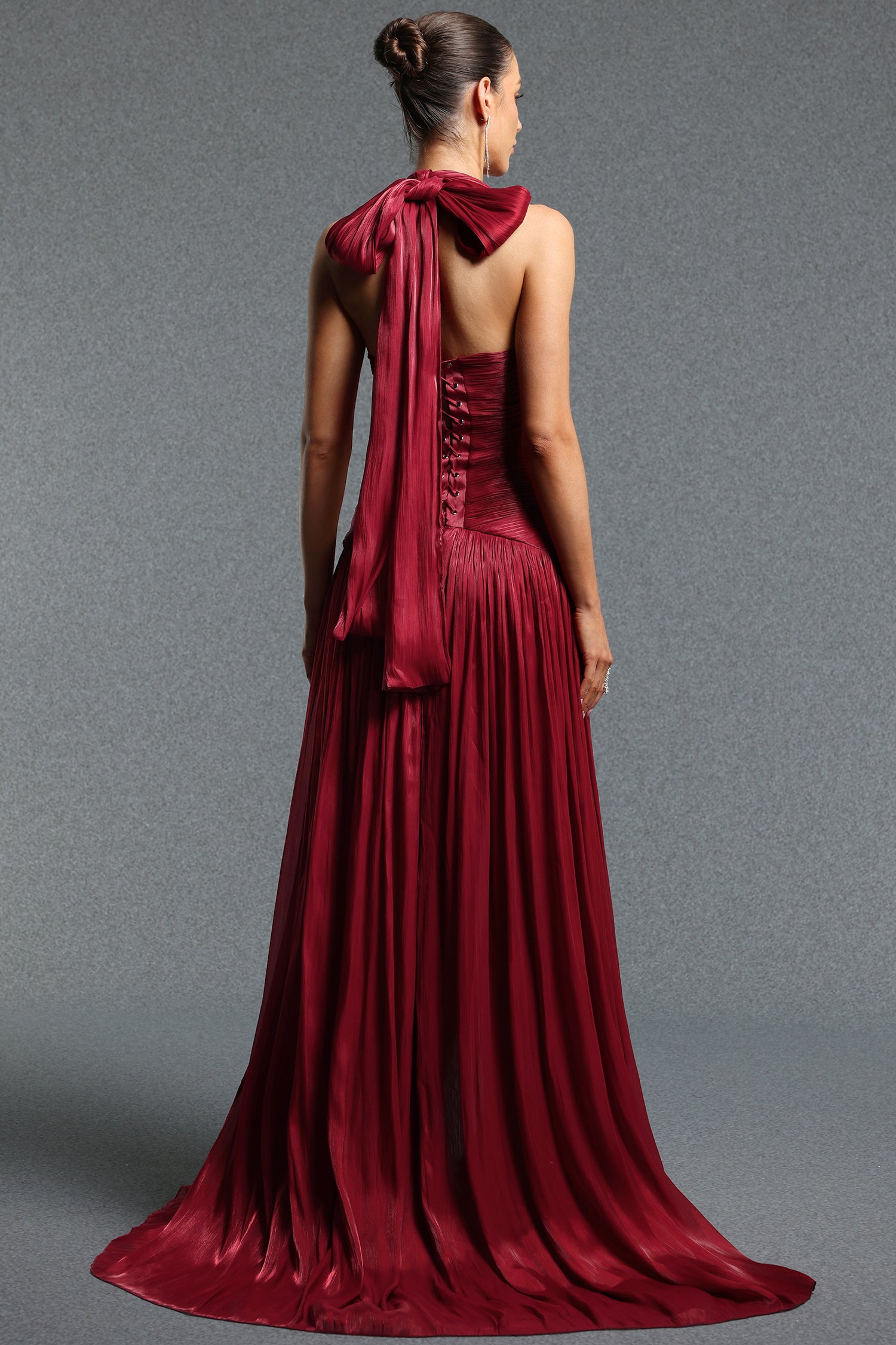 Shera Elegant Halter Sleeveless Pleated Slit Maxi Dress	
