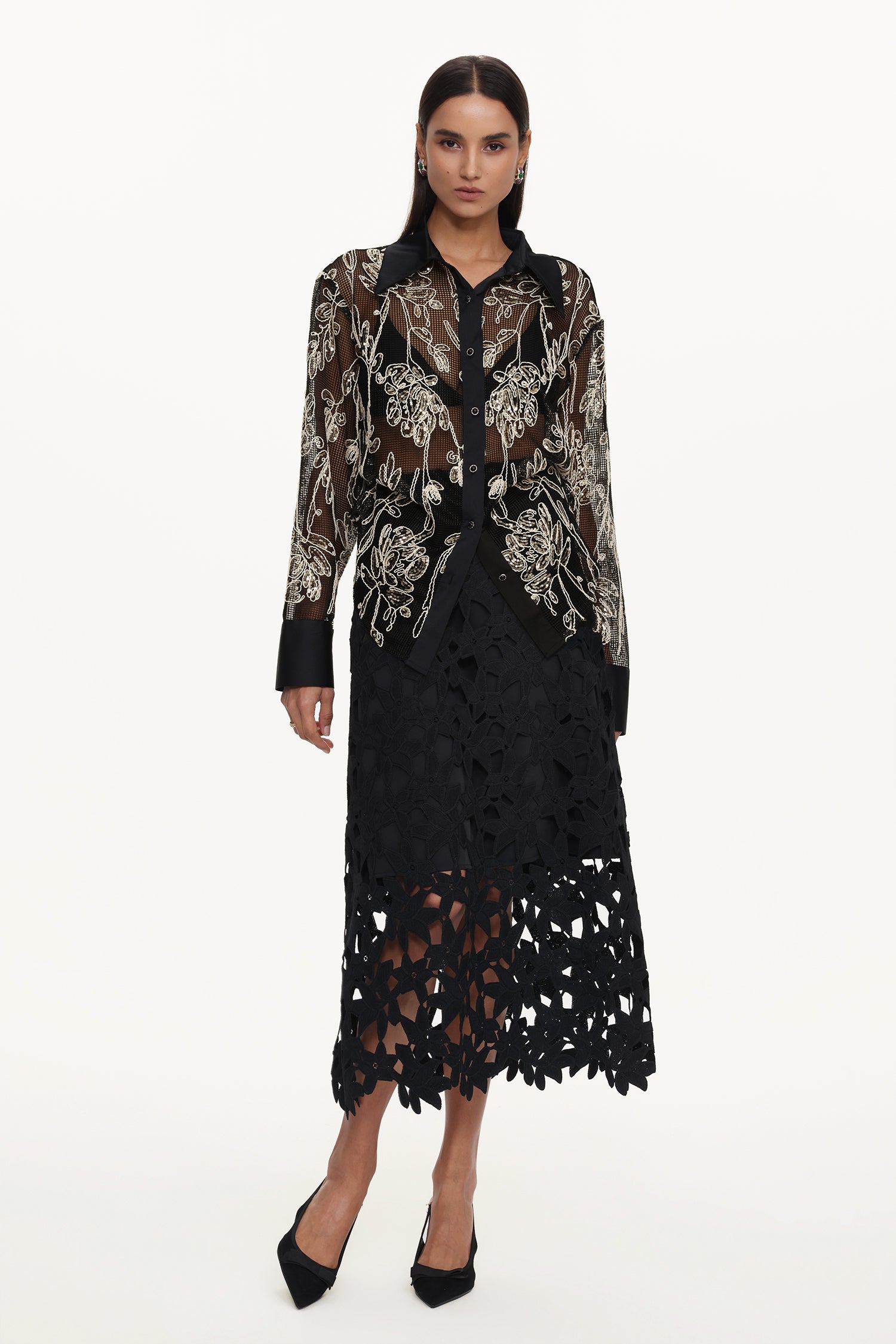 Dodou Elegant Tailored Long Sleeve Floral Woven Shirt