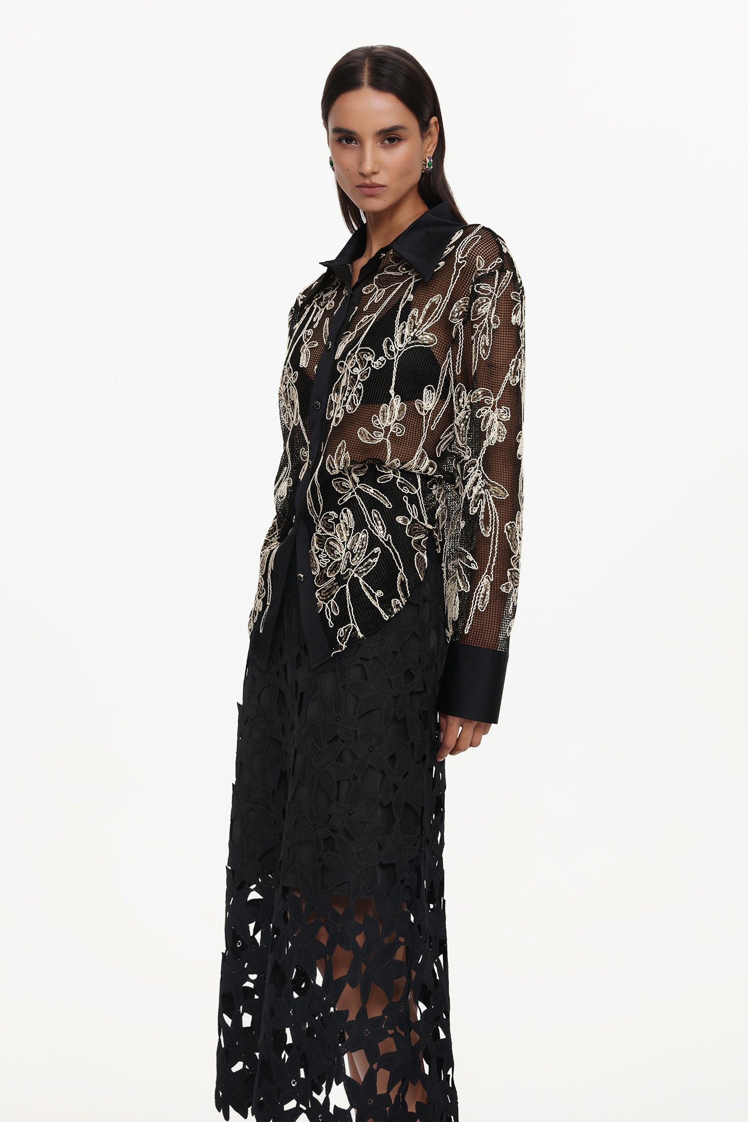 Dodou Elegant Tailored Long Sleeve Floral Woven Shirt