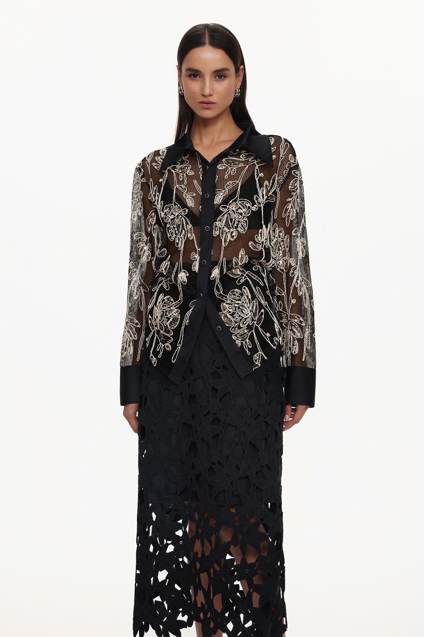 Dodou Elegant Tailored Long Sleeve Floral Woven Shirt