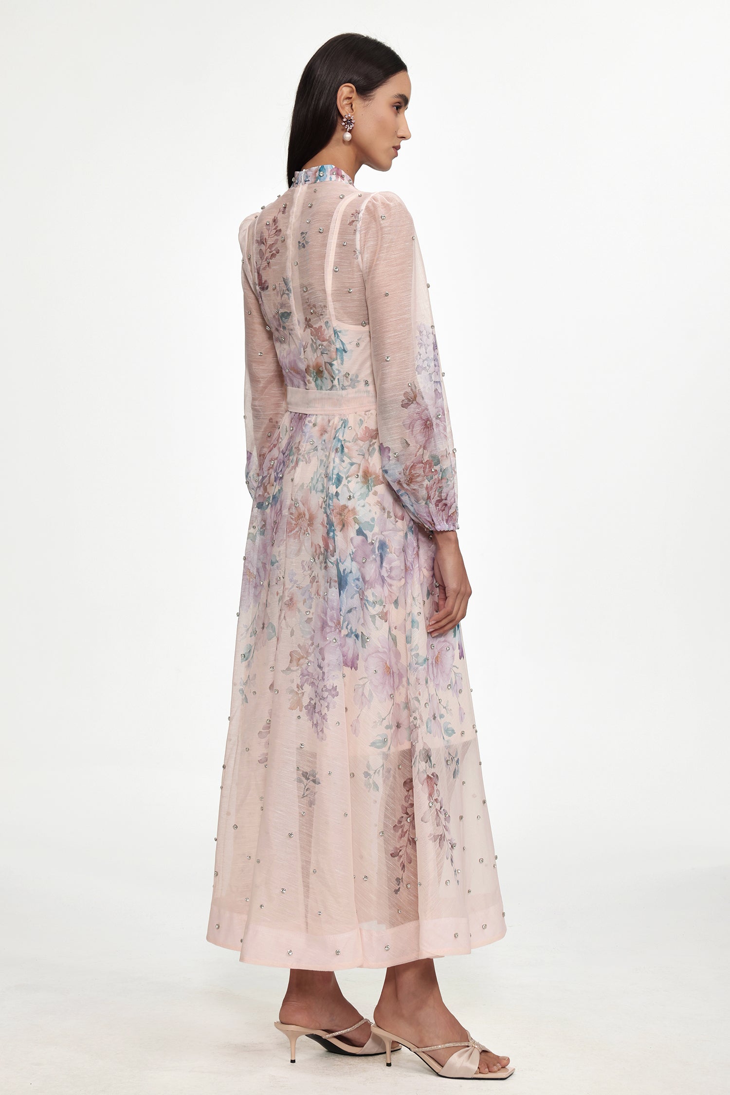 Mamie Resort Flowy Long Sleeve Rhinestone Print Woven Maxi Dress