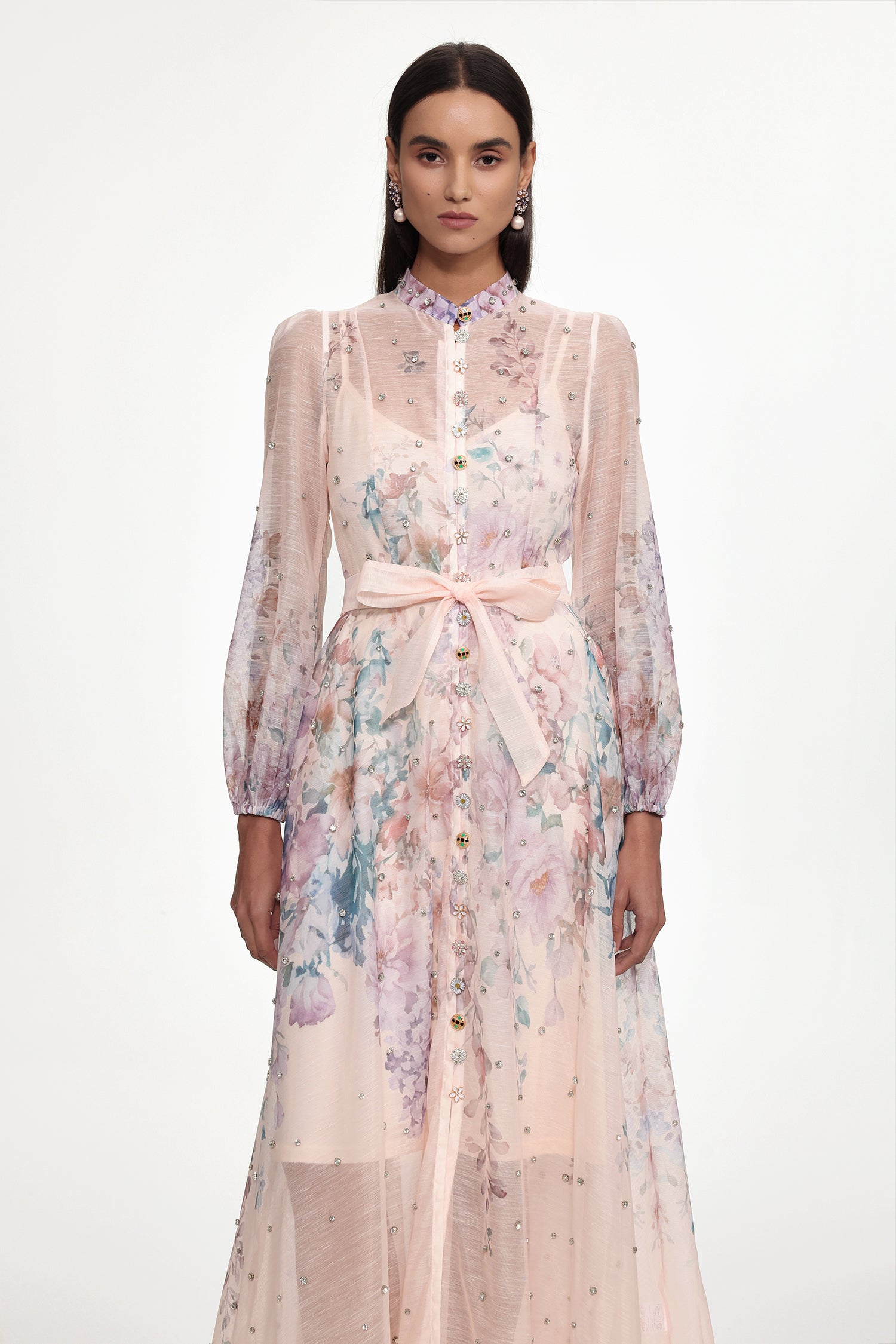 Mamie Resort Flowy Long Sleeve Rhinestone Print Woven Maxi Dress