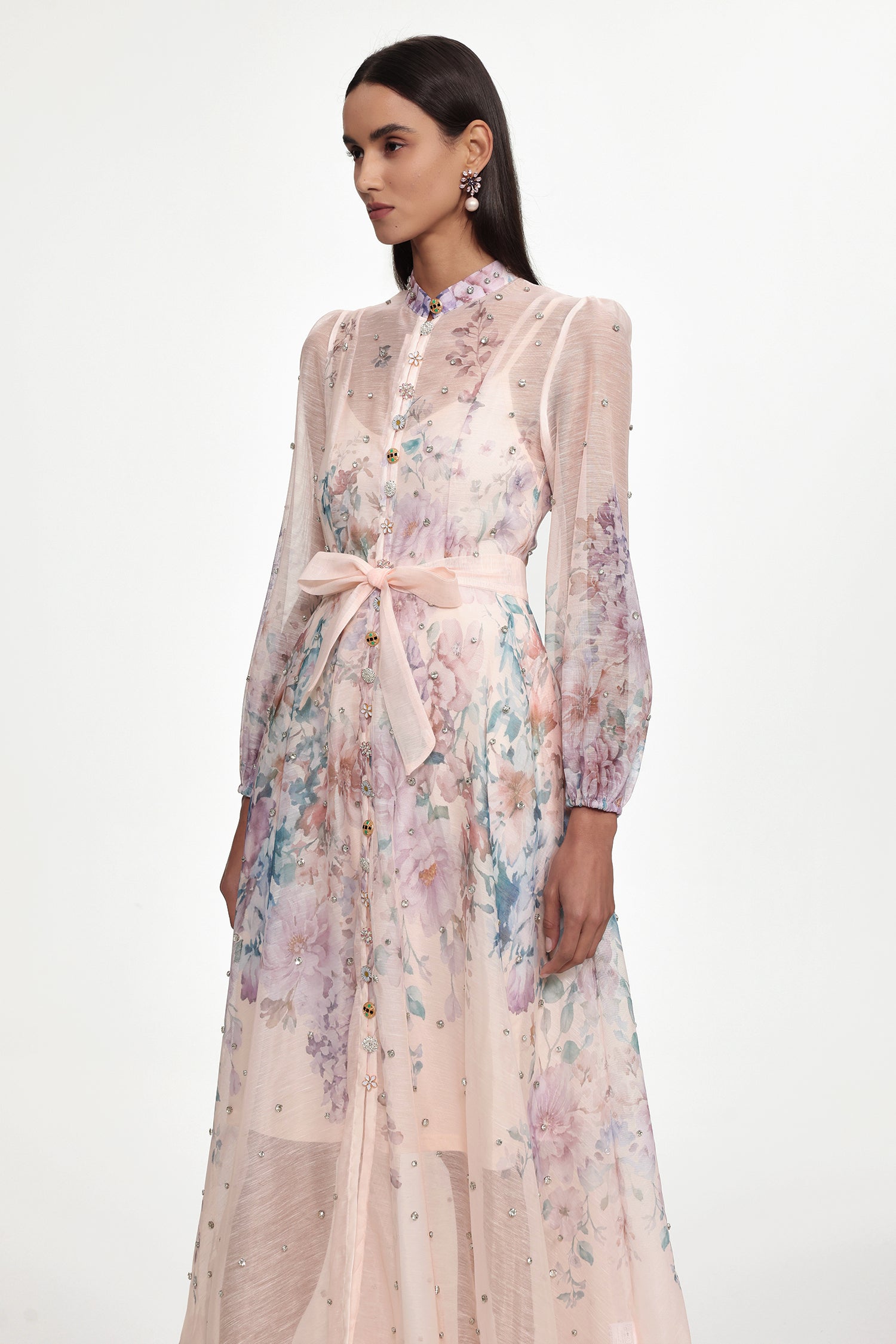 Mamie Resort Flowy Long Sleeve Rhinestone Print Woven Maxi Dress