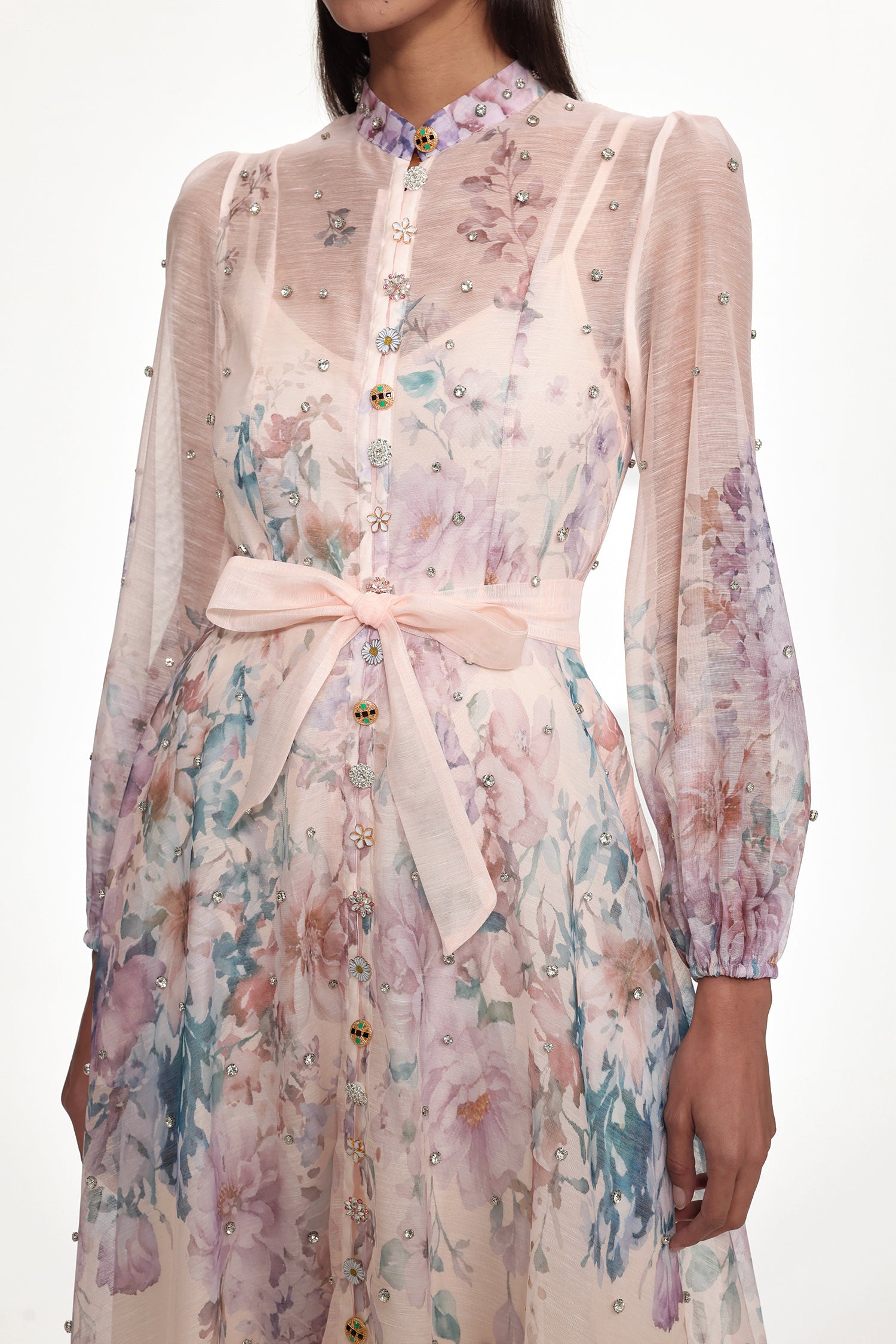 Mamie Resort Flowy Long Sleeve Rhinestone Print Woven Maxi Dress