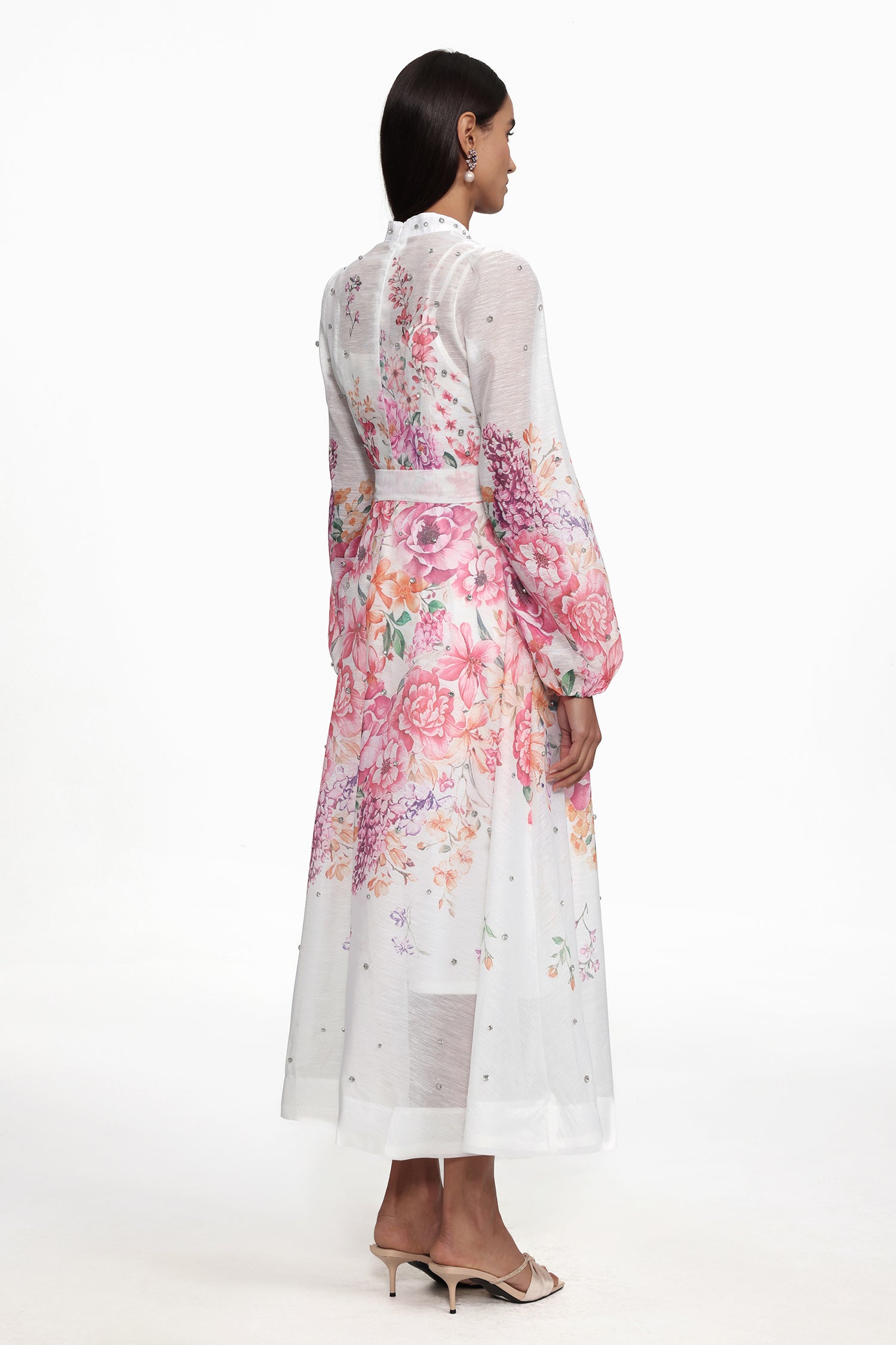 Mamie Resort Flowy Long Sleeve Rhinestone Print Woven Maxi Dress