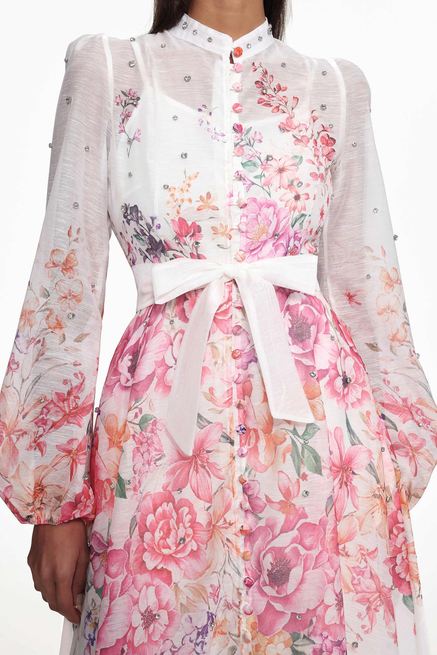 Mamie Resort Flowy Long Sleeve Rhinestone Print Woven Maxi Dress