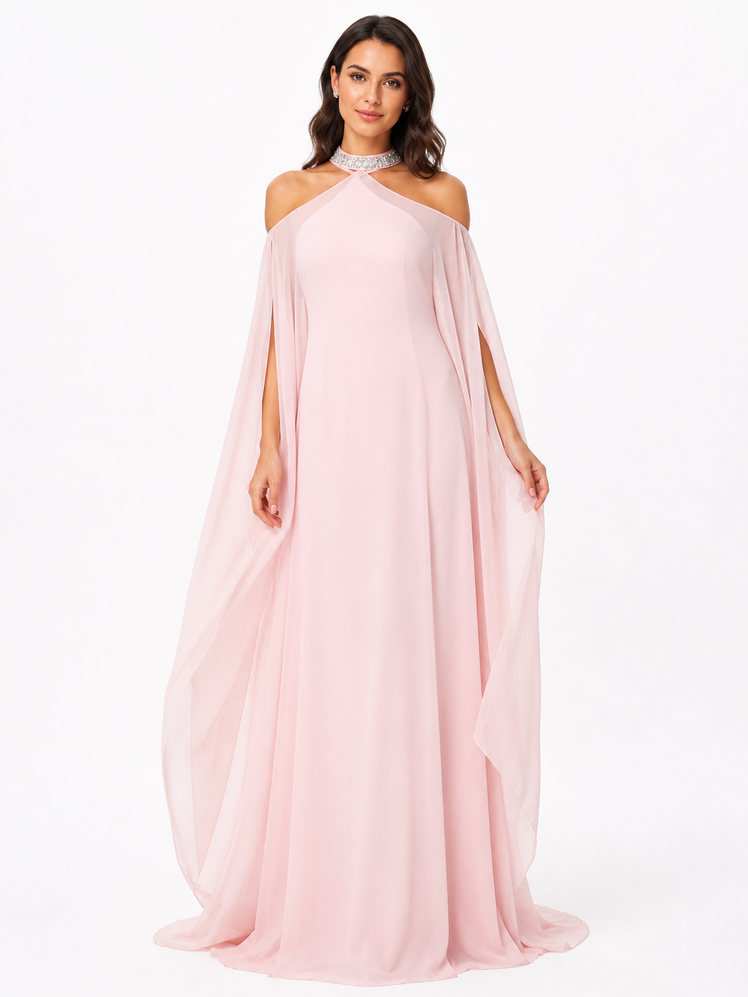 Light Pink Halter Cold-Shoulder Rhinestone Neck Chiffon Cape Evening Gown