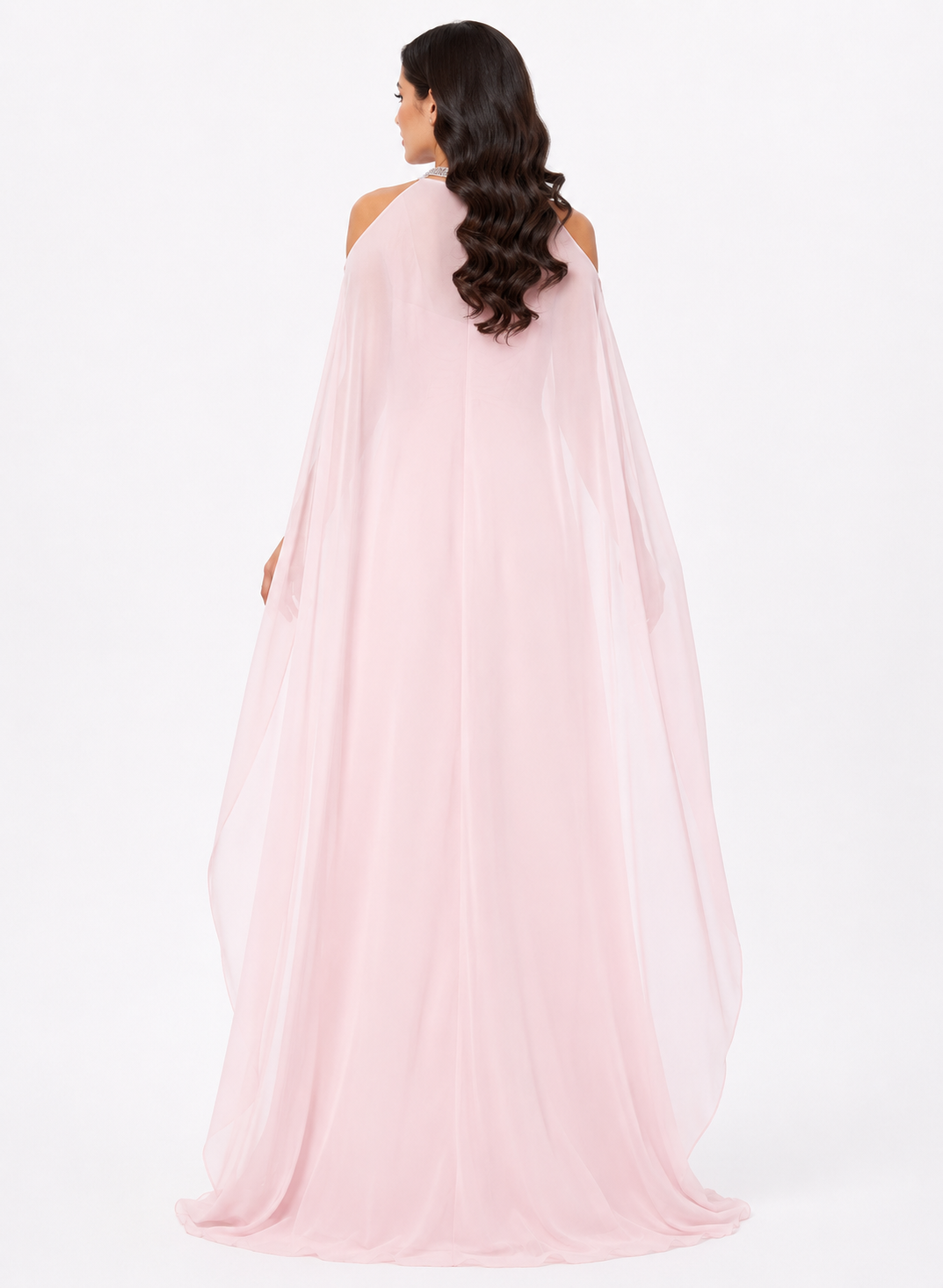 Light Pink Halter Cold-Shoulder Rhinestone Neck Chiffon Cape Evening Gown