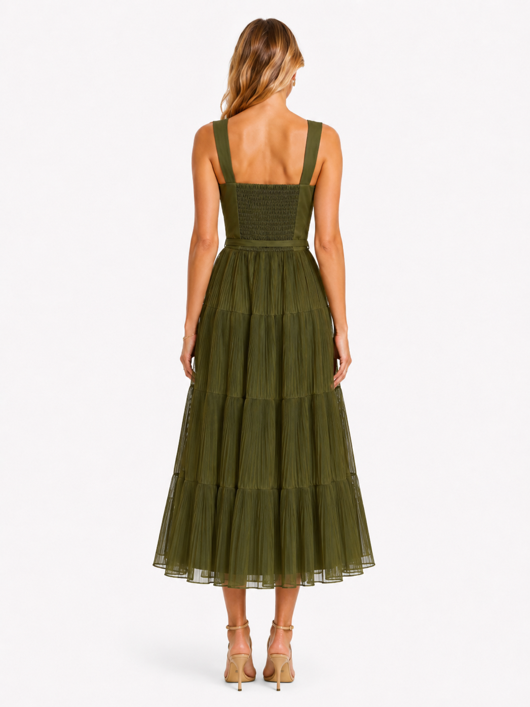Olive Tiered Tulle Midi Dress