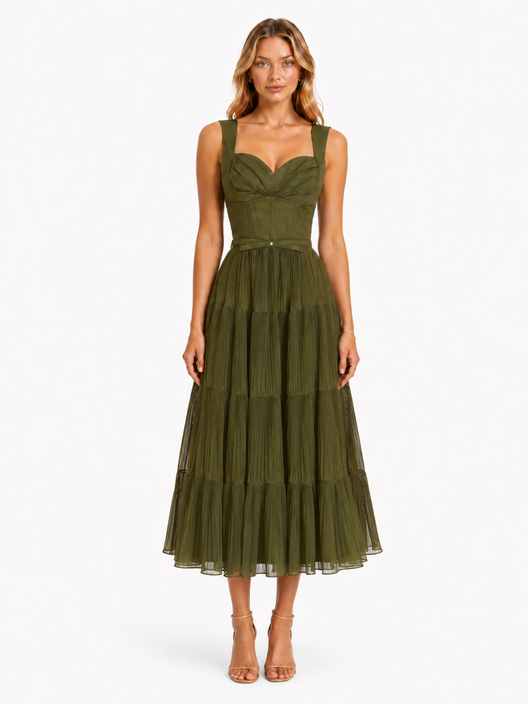 Olive Tiered Tulle Midi Dress