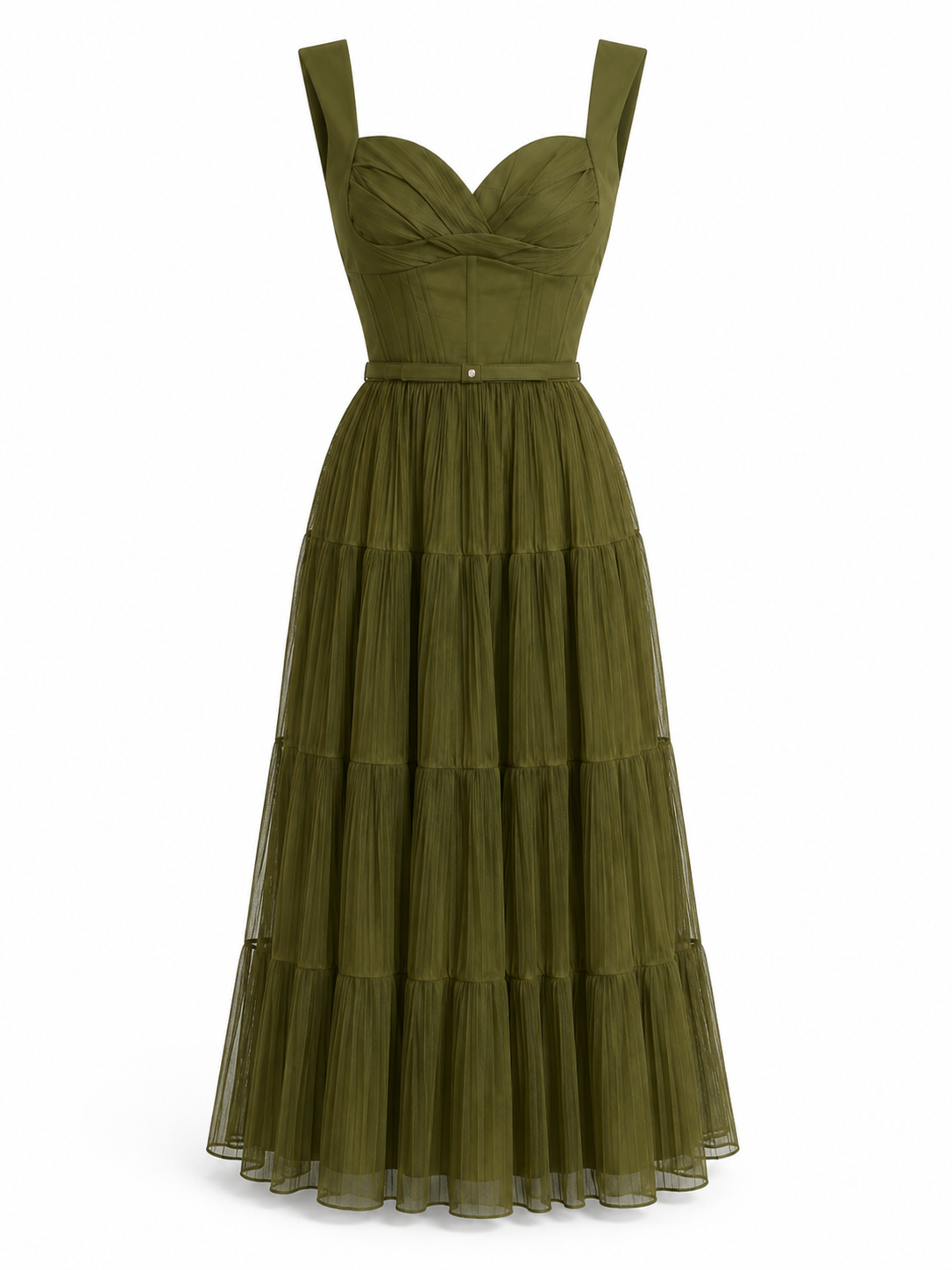 Olive Tiered Tulle Midi Dress