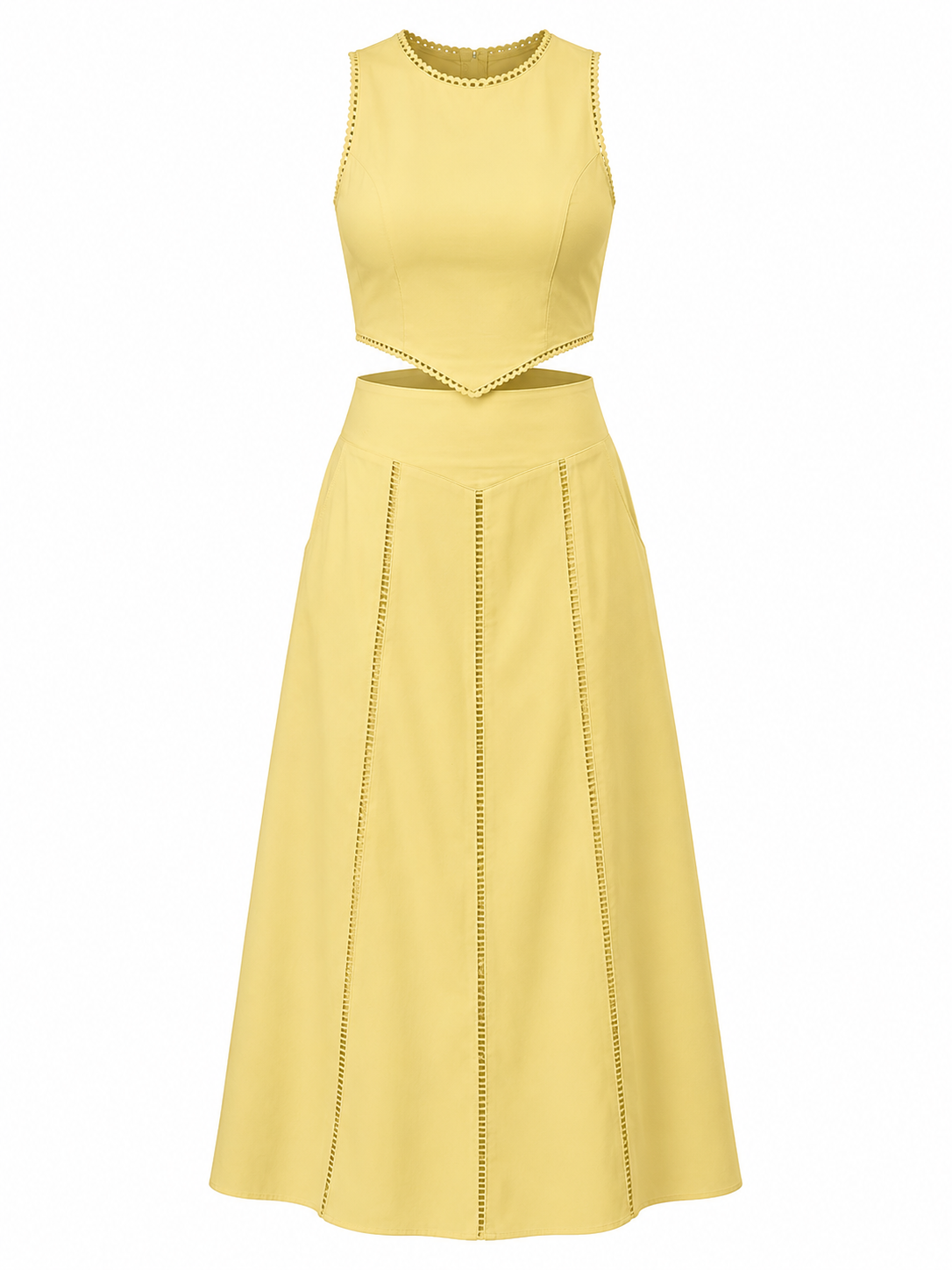 Lemon Eyelet Cutout Two-Piece Midi Skirt Set