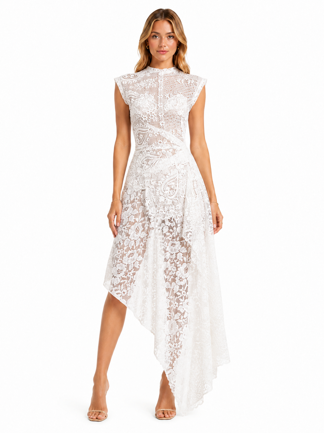 Paisley Floral Lace Cap Sleeve Uneven Hem Midi Gown