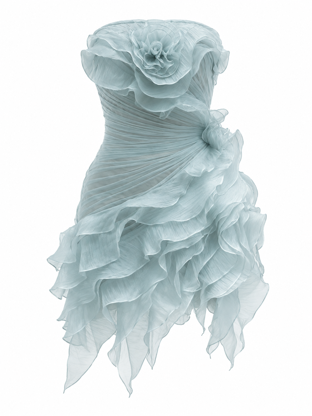 Dusty Blue 3D Floral Ruched Organza Strapless Mini Dress