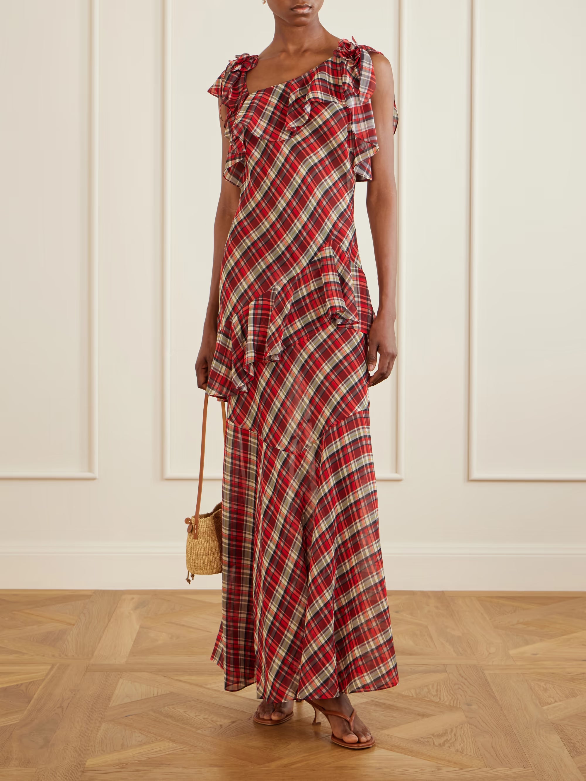 DÔEN Fernanda ruffle tiered checked silk-satin maxi dress | NET-A-PORTER