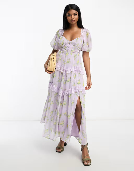 ASOS DESIGN – Liliowa sukienka midi z odsłoniętymi plecami i koronkową wstawką w drobny kwiatowy wzór