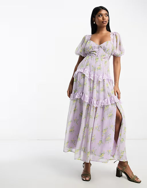 ASOS DESIGN – Liliowa sukienka midi z odsłoniętymi plecami i koronkową wstawką w drobny kwiatowy wzór