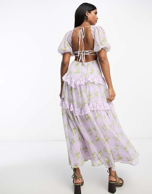 ASOS DESIGN – Liliowa sukienka midi z odsłoniętymi plecami i koronkową wstawką w drobny kwiatowy wzór