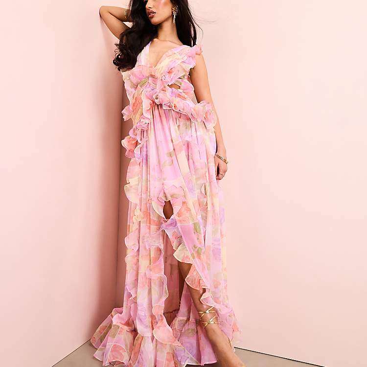ASOS LUXE plunge maxi dress with ruched chiffon detail & open back in pink floral print