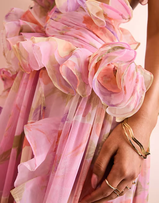 ASOS LUXE plunge maxi dress with ruched chiffon detail & open back in pink floral print