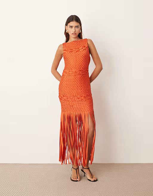 ARRANGE lattice handwoven fringe hem midi dress in orange