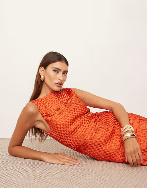 ARRANGE lattice handwoven fringe hem midi dress in orange