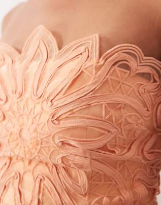 ARRANGE abstract cutwork bandeau maxi dress with pleat skirt in soft peach