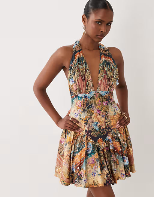 ASOS LUXE embellished halter neck mini dress in scenic print