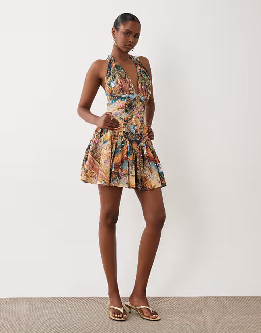 ASOS LUXE embellished halter neck mini dress in scenic print