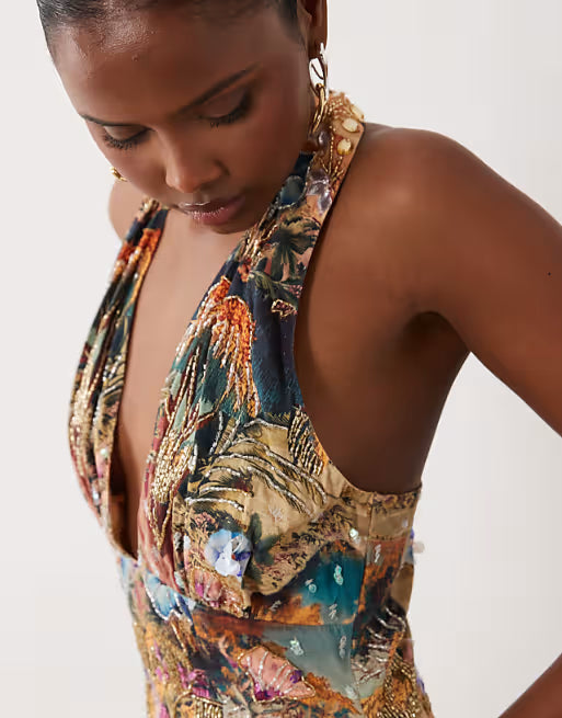 ASOS LUXE embellished halter neck mini dress in scenic print