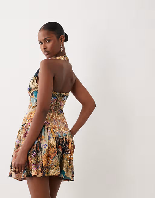 ASOS LUXE embellished halter neck mini dress in scenic print