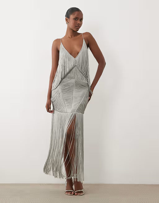 ASOS DESIGN drape fringe maxi dress in silver