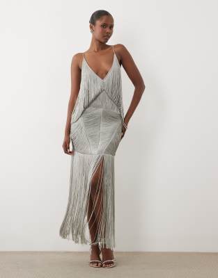 ASOS DESIGN drape fringe maxi dress in silver