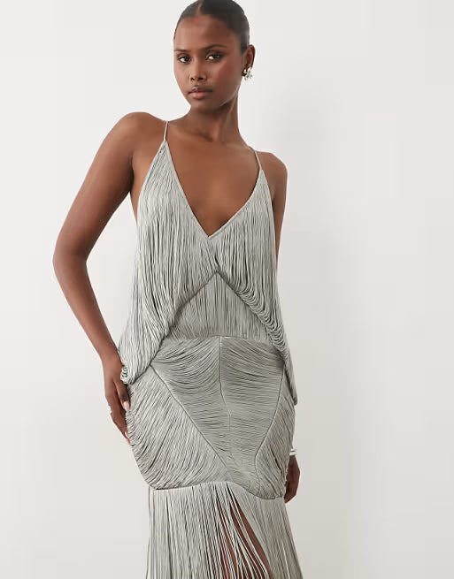 ASOS DESIGN drape fringe maxi dress in silver