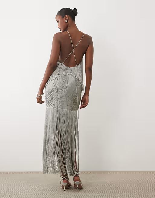 ASOS DESIGN drape fringe maxi dress in silver