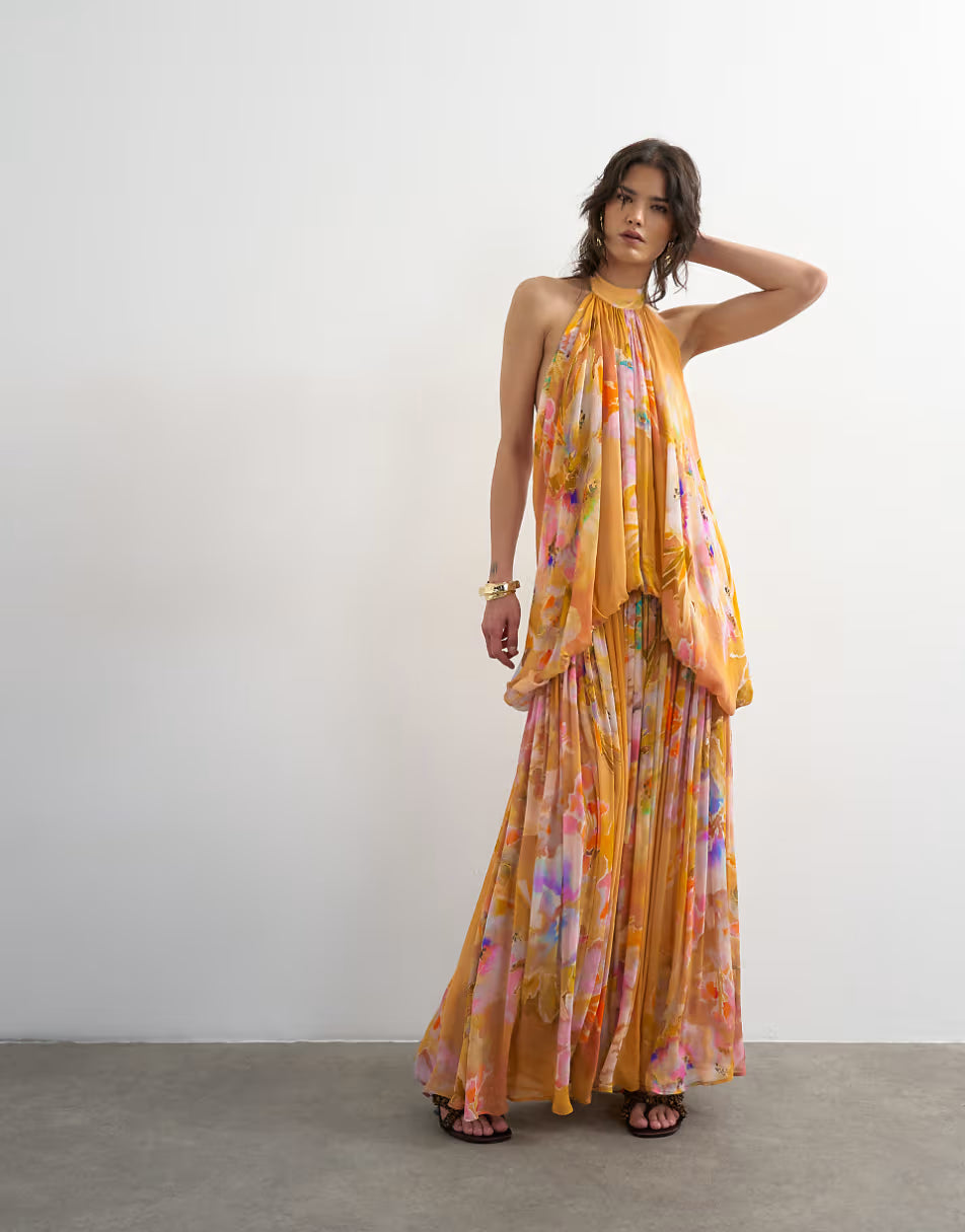 Topshop premium viscose blouson halter neck maxi dress with open back and train in handpainted floral print | ASOS