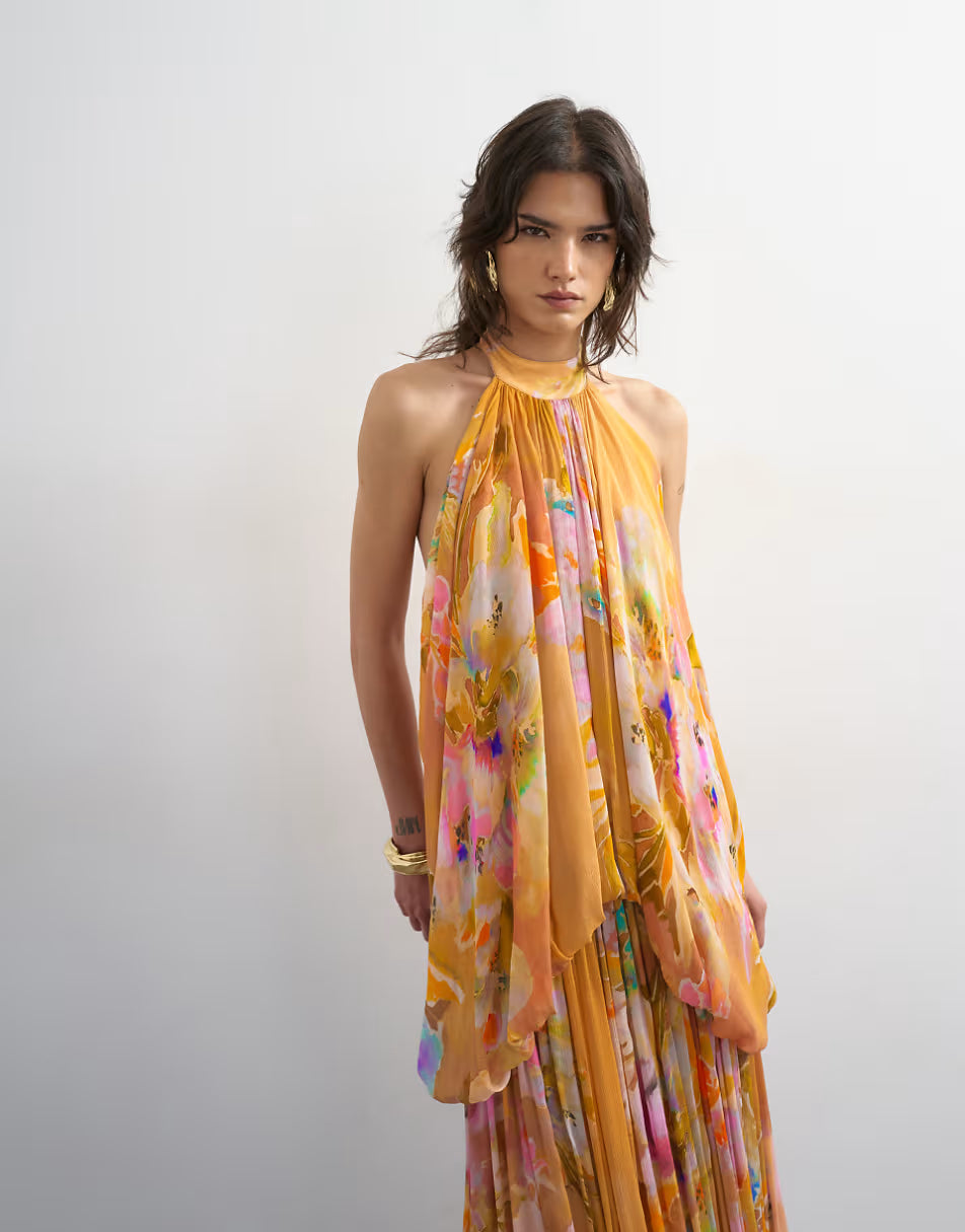 Topshop premium viscose blouson halter neck maxi dress with open back and train in handpainted floral print | ASOS