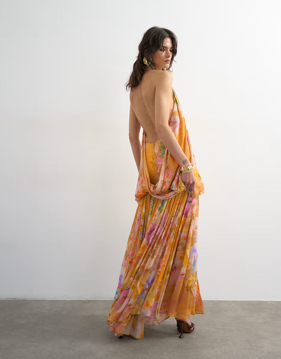Topshop premium viscose blouson halter neck maxi dress with open back and train in handpainted floral print | ASOS