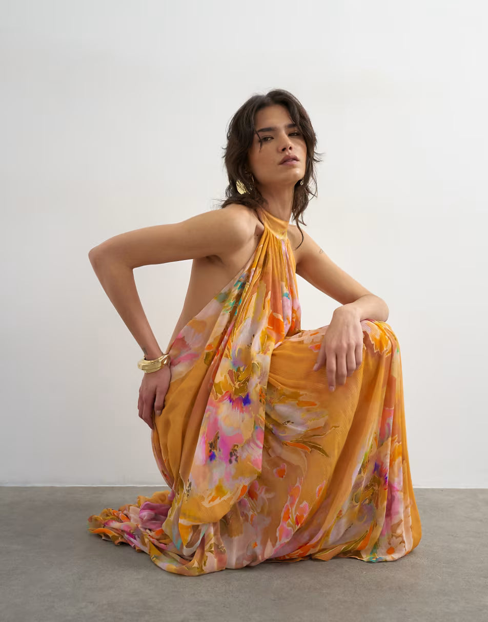 Topshop premium viscose blouson halter neck maxi dress with open back and train in handpainted floral print | ASOS