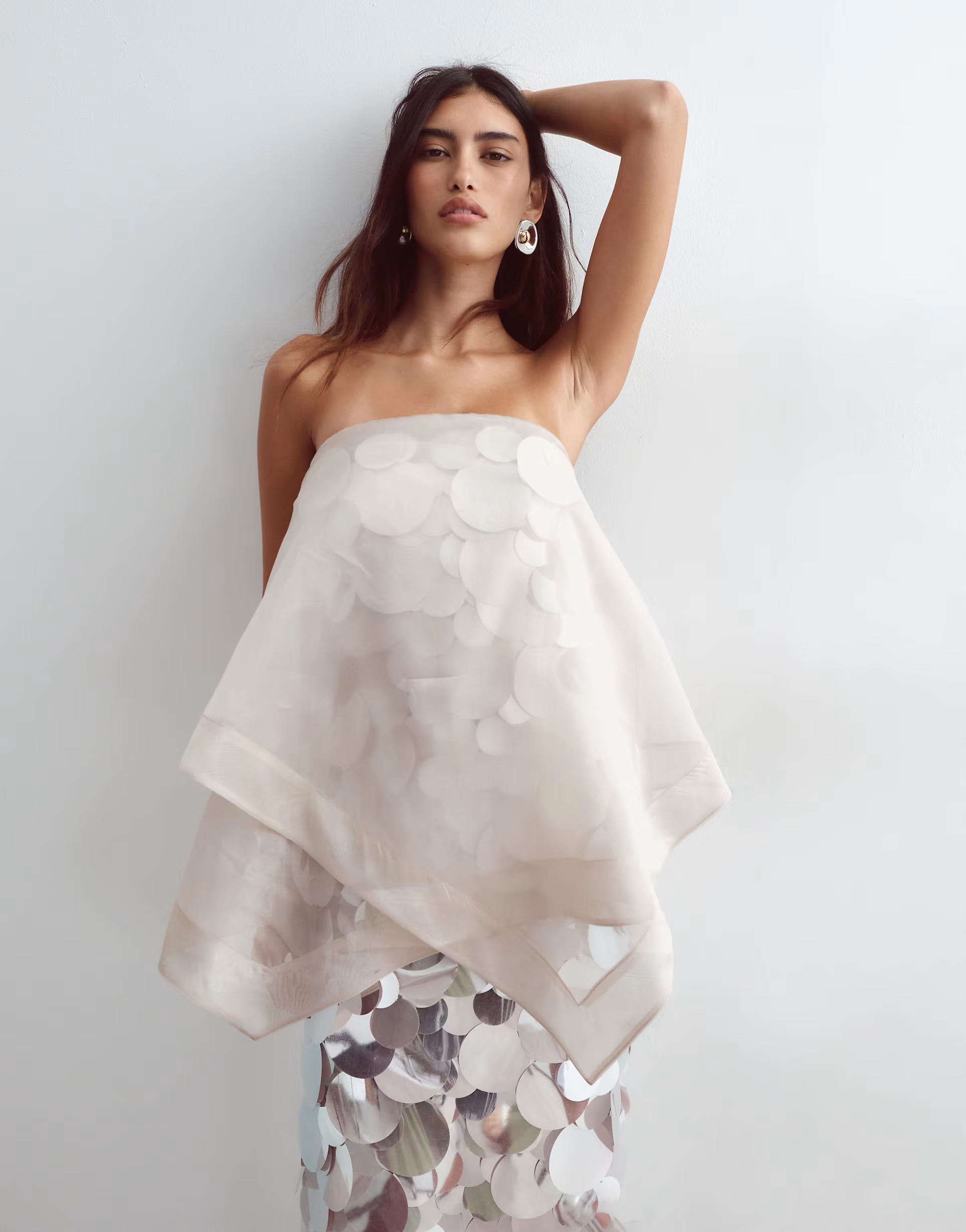 ARRANGE sequin embellished strapless maxi dress with overlayer in silver