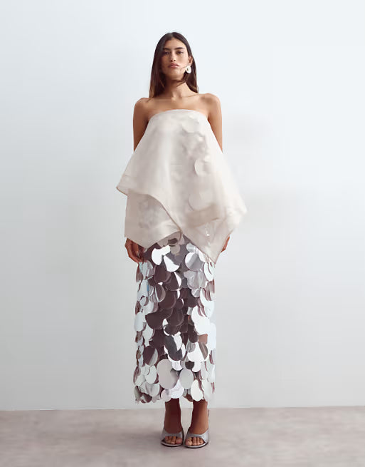 ARRANGE sequin embellished strapless maxi dress with overlayer in silver