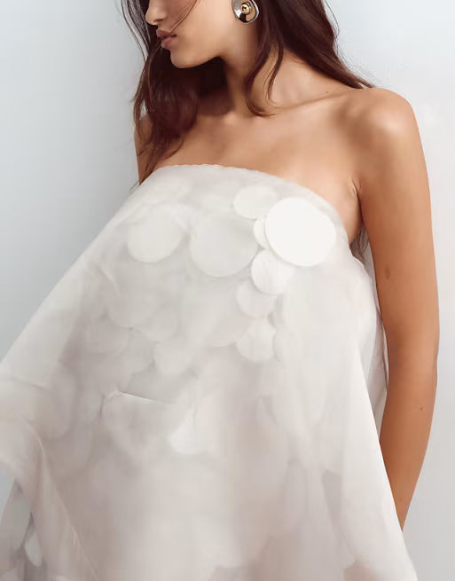 ARRANGE sequin embellished strapless maxi dress with overlayer in silver