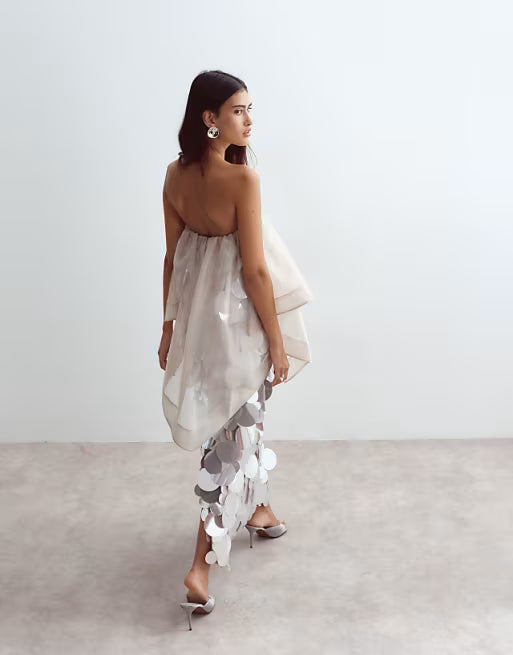 ARRANGE sequin embellished strapless maxi dress with overlayer in silver