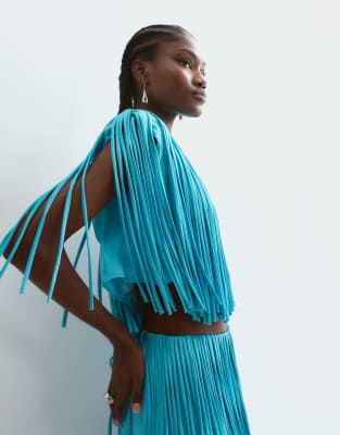 ARRANGE tiered fringe square cut set co ord in blue | ASOS