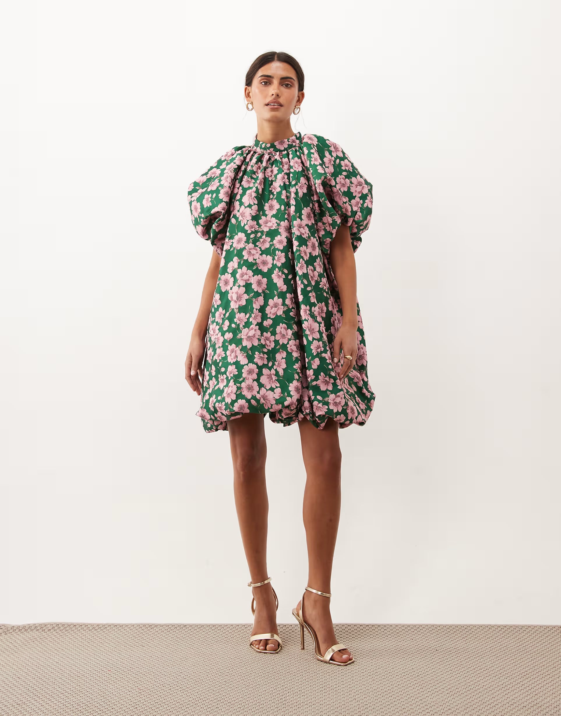Sister Jane Colette jacquard high neck puff sleeve bubble hem mini dress in green floral