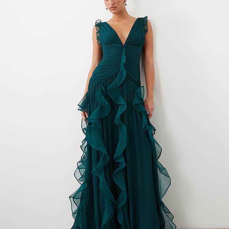 ruched maxi dress with waterfall detail in dark green