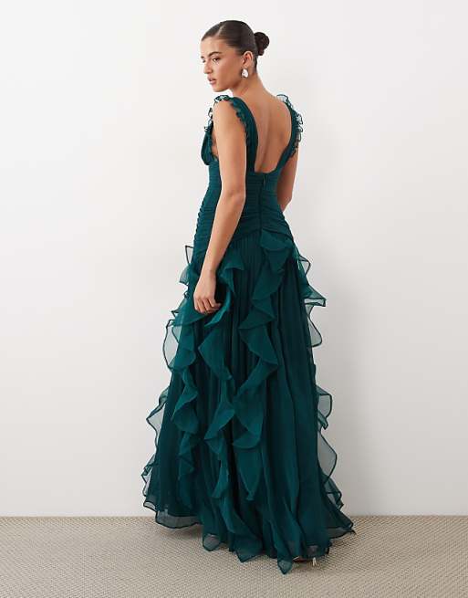 ruched maxi dress with waterfall detail in dark green