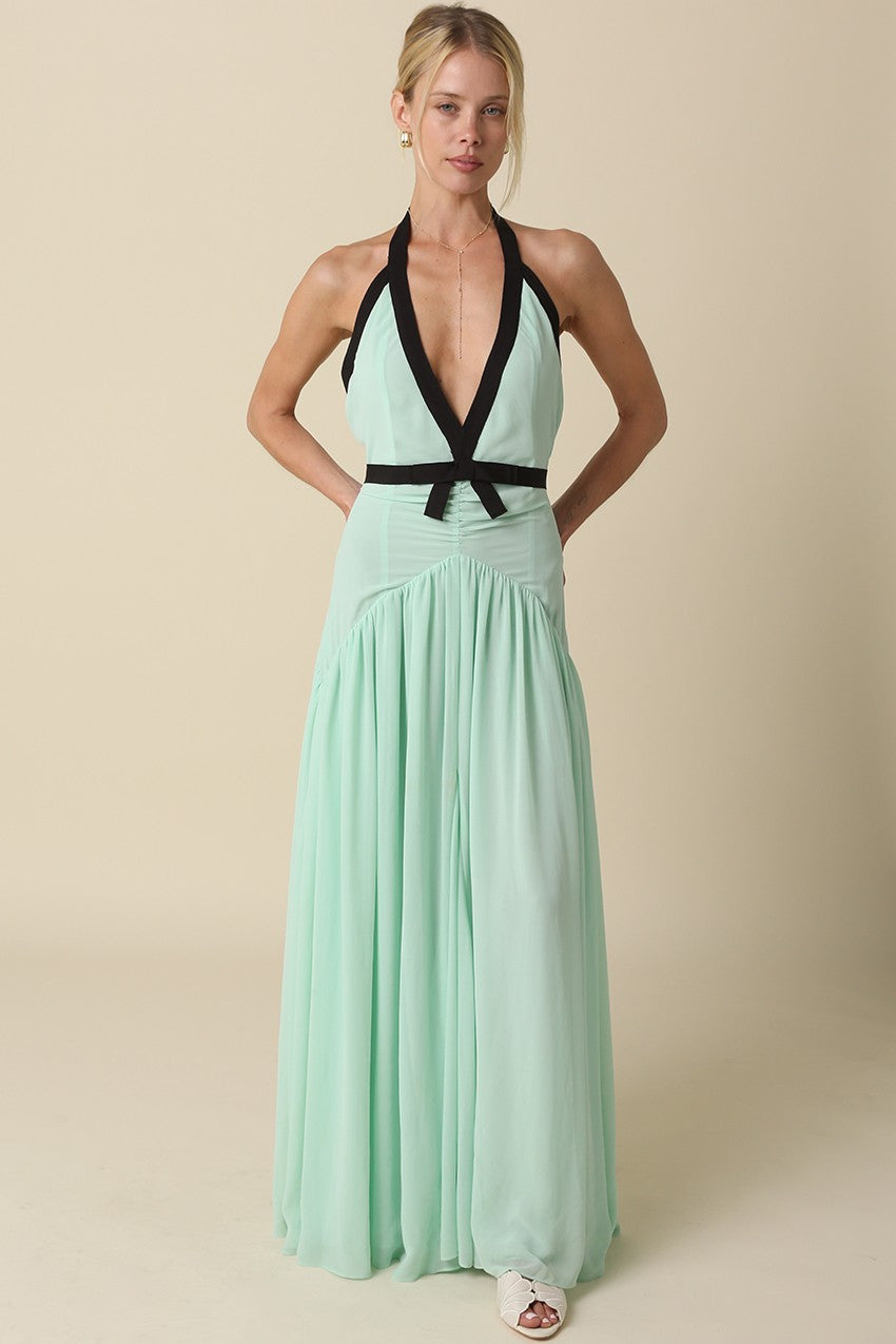 Quincy Sleeveless Halter Contrast Ribbon Maxi Dress Mint