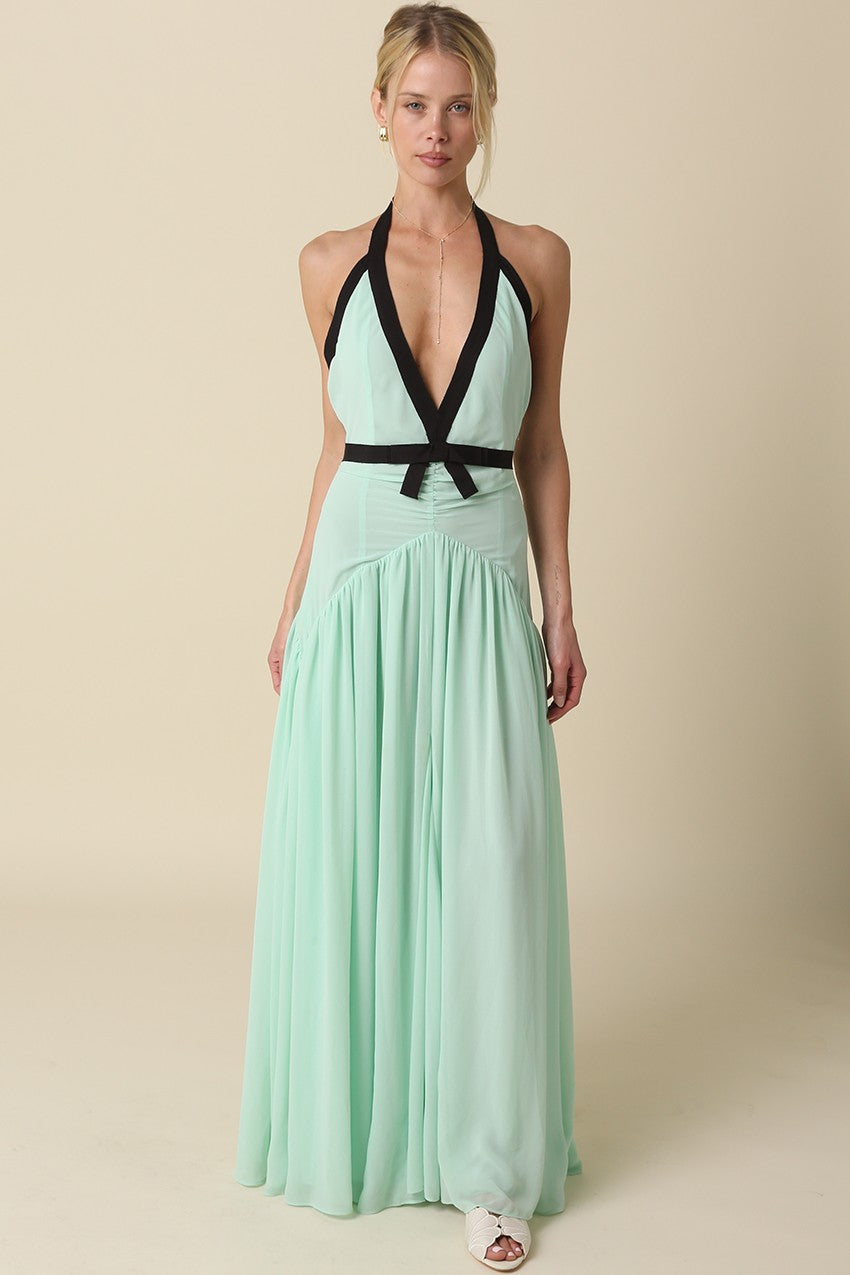 Quincy Sleeveless Halter Contrast Ribbon Maxi Dress Mint