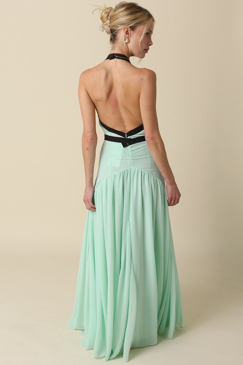 Quincy Sleeveless Halter Contrast Ribbon Maxi Dress Mint